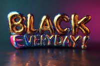 Metallic balloon letters spelling BLACK EVERYDAY with holographic rainbow effect on dark background, floating text creates modern typography design statement.