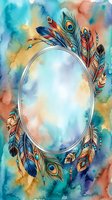 Watercolor oval frame adorned with ornamental feathers and beads on vibrant multicolored background. Isolated design element ready for invitations, posters, and creative projects.