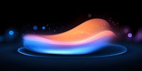 Glowing abstract wave form with orange and blue gradient colors floating above reflective surface against dark background with bokeh light effects.