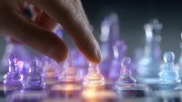 Glowing chess pawns in purple and blue tones on glass board with hand making strategic move, illuminated pieces create magical atmosphere for business concept.