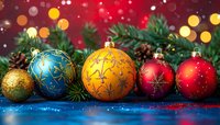 Colorful Christmas ornaments with gold, blue, yellow, and red baubles arranged with pine branches against festive bokeh lights background.