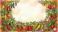 Colorful chili peppers, tomatoes, and garlic arranged in decorative border frame with vintage botanical style, isolated on cream background for recipe cards, cooking blogs, and food packaging designs.