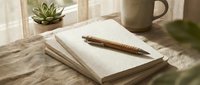 Cozy workspace with wooden pen on open notebook, ceramic mug and succulent plant on rustic table with warm natural lighting for productivity and creativity.