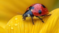 Red ladybug with water drops walking on yellow flower petal in macro photography, showing detailed texture and morning dew drops in natural environment.