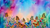 Colorful watercolor background with vibrant butterflies and wildflowers creating dreamy spring garden scene for greeting cards and nature designs.