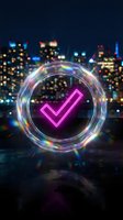 Neon pink checkmark symbol in glowing holographic circle against blurred city skyline at night for business success and approval concepts.