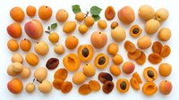 Assorted fresh apricots and peaches arranged flat lay on white background, whole fruits and halved specimens showing pits and flesh, suitable for food photography, culinary content, nutrition articles, and recipe design.