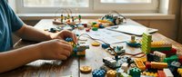 Young child with medium skin tone building with colorful construction blocks and toy bricks on wooden table near window, developing motor skills and creativity through play and learning activities.