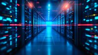 Modern server room with glowing blue and red lights in long corridor perspective, network equipment in data center for cloud computing and information storage.