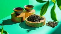 Green tea leaves and brewed tea in ceramic bowls on bamboo stands against vibrant green background with natural shadows and tropical leaves.