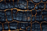 Charred black wood surface with glowing orange cracks creating abstract pattern. Dramatic burnt texture showing natural destruction and rebirth process.