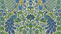 Ornate peacock damask pattern with blue and green florals on cream background, seamless design for wallpaper, fabric, home decor and luxury interior projects.