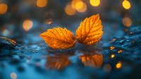 Orange autumn leaves floating on water surface with golden bokeh lights reflecting, creating magical nature atmosphere in dark blue tones. Macro photography.
