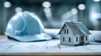Construction planning concept with miniature house model and safety helmet on architectural blueprints for real estate development projects.