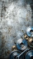 Weathered metal surface with industrial gears and mechanical parts arranged on worn, scratched texture. Suitable for engineering, manufacturing, technology, and business concepts.