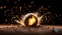 Glowing cracked sphere with explosive energy burst and golden particles scattered on dark surface creates dramatic sci-fi atmosphere. Perfect for fantasy designs.