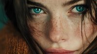 Close-up portrait of young Caucasian woman with striking turquoise eyes and natural freckles, messy brown hair framing face for beauty campaigns.