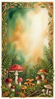 Ornate woodland frame with mushrooms, ferns, and botanical elements in watercolor style with decorative gold border, suitable for invitations and stationery design.