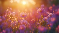 Pink cosmos flowers in dreamy sunset light with bokeh effect and soft purple hues creating magical garden atmosphere at golden hour.
