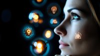 Young woman profile with glowing digital innovation icons floating around her face against dark background with bokeh lights, representing artificial intelligence and future technology.