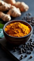 Fresh turmeric powder in wooden bowl with raw ginger root and black peppercorns on dark background, popular anti-inflammatory cooking ingredient.