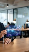 Businessman using futuristic holographic interface with data analytics and growth charts in modern office environment for digital transformation.