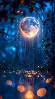 Mystical full moon glowing orange against deep blue night sky, with ethereal light streams and bokeh effects creating magical forest atmosphere.