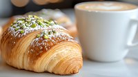 Fresh baked croissant with pistachio topping and powdered sugar served with hot coffee cup on wooden table, close up view of breakfast pastry.