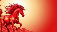Red horse with flowing mane in traditional Chinese style with golden ornamental patterns on gradient background for lunar new year celebrations.