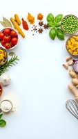 Fresh cooking ingredients arranged in circular frame with herbs, spices, vegetables and kitchen utensils on white background for culinary recipes.