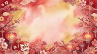 Asian lunar new year celebration background with red and gold lanterns, plum blossoms, and traditional ornaments creating festive border frame for holiday designs.
