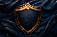 Golden shield emblem on dark blue textured background with glowing particles, luxury metallic heraldic design element for protection concept.