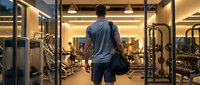 Athletic man entering modern fitness center with gym bag, ready for workout session in well-equipped training facility with professional exercise equipment.