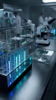 Modern laboratory with holographic data visualization and scientists conducting research in high-tech medical facility with digital interfaces.