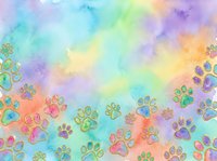 Colorful watercolor gradient background with scattered paw prints in rainbow hues. Soft pastel blend transitions from pink, yellow, green, blue to purple. Isolated design element suitable for pet-related projects, textiles, and creative applications.