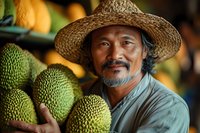 Asian farmer in straw hat holding fresh durian fruits at local market. Close up portrait shows genuine smile and traditional agricultural lifestyle.