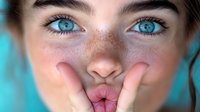 Young woman with bright blue eyes and freckles making playful expression, pressing fingers against lips against turquoise background. Close up beauty portrait.