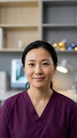 Asian female healthcare professional wearing burgundy scrubs, smiling at camera in modern medical office with shelving and warm lighting.