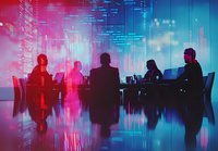 Silhouettes of business team in modern office with futuristic digital projection overlay creating cyberpunk atmosphere. Neon pink and blue colors reflect on glass surface.