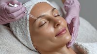 Young woman receiving facial treatment with gloved hands performing eyebrow procedure in spa salon. Professional skincare service.