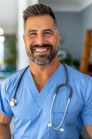 Confident mature male medical professional in blue scrubs with stethoscope smiling warmly at camera, representing healthcare and patient care in modern facility.