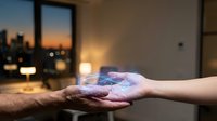 Two hands gently holding glowing holographic Earth globe with digital network connections in modern apartment at sunset for technology concepts.