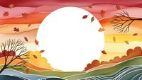 Autumn landscape with falling leaves and bare trees against sunset sky in warm colors. Seasonal nature scene for greeting cards and decorations.