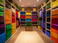 Organized walk-in closet with colorful folded textiles and fabrics displayed on wooden shelves, featuring rainbow spectrum arrangement and woven storage baskets.