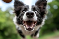 Close up portrait of happy Border Collie dog with open mouth and joyful expression against blurred green background, showing white and black fur markings.