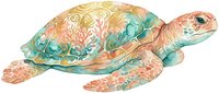 Watercolor sea turtle with ornamental shell patterns in warm coral and turquoise tones, isolated on white background, suitable for wildlife design, educational materials, and decorative applications.