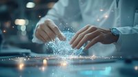 Innovative technology concept showing hands interacting with glowing digital particles and light effects against dark background with bokeh for business solutions.