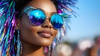 Young African American woman wearing round holographic sunglasses reflecting cosmic scene, with vibrant blue and purple braided hair and glitter makeup for festival fashion.