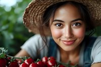 Young Asian woman farmer in straw hat smiling while harvesting fresh red tomatoes in greenhouse. Natural lighting and bokeh background create warm atmosphere.