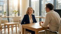 Professional business meeting between mature Caucasian woman in navy blazer and middle-aged man in beige jacket discussing at wooden table in modern office.